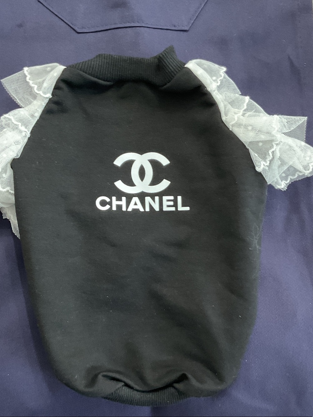 CHANEL Black T Shirt Sm Toy Dog with White CC Logo and Lace Trim Accent